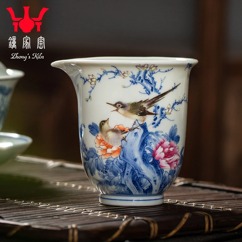 钟家窑陶瓷公道杯手绘青花斗彩国色天香花鸟茶海公杯