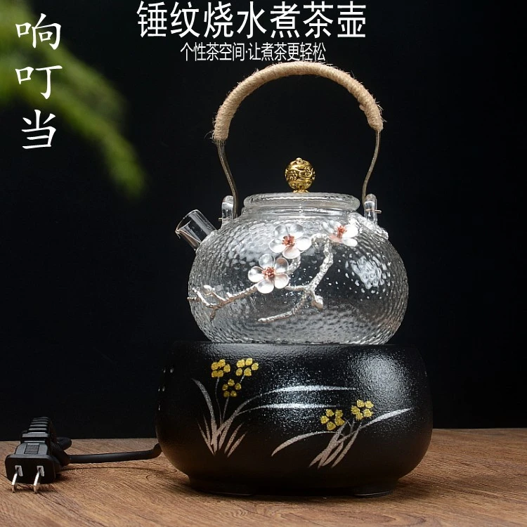 锤纹玻璃茶壶单壶耐高温加厚电陶炉煮茶壶套装家用可加热梅花壶