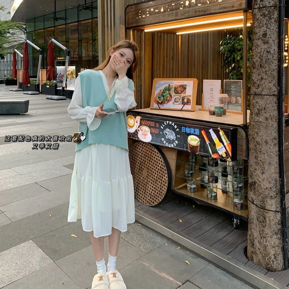单件/套装仙女荷叶边过膝连衣裙女秋季慵懒风绿色针织马甲两件套