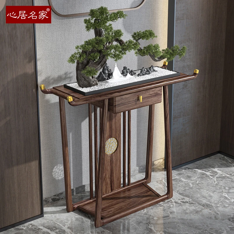 心居名家实木玄关台乌金木新中式客厅家具门厅玄关桌胡桃木色木质