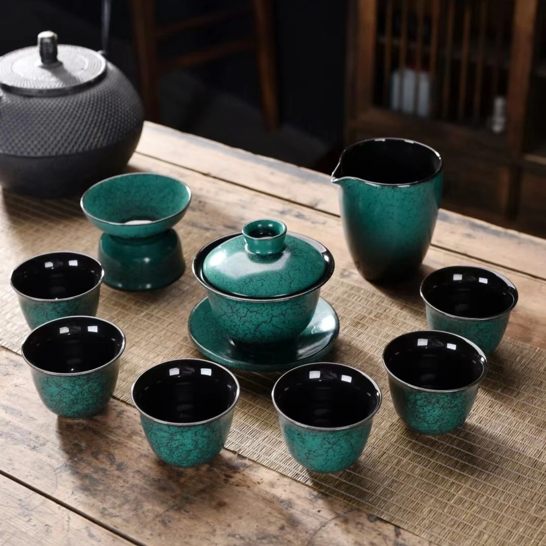 联谊28绿松功夫手工茶具套装整套家用盖碗茶杯礼盒装陶瓷中式青瓷