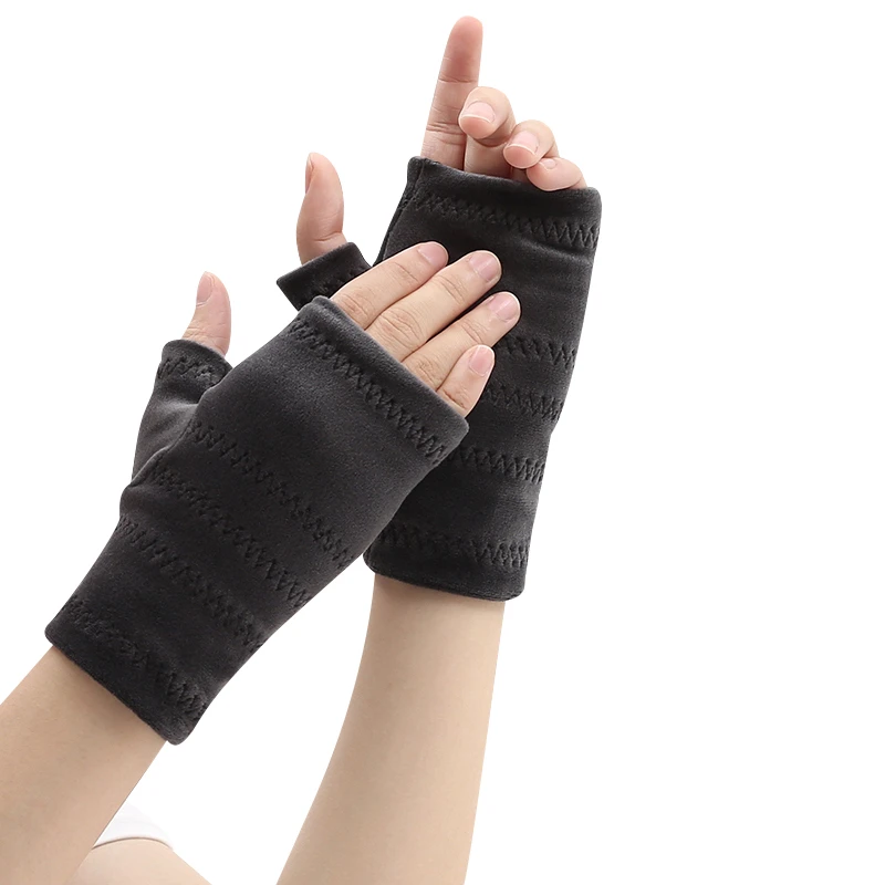 珍碧斯冬季加厚露指保暖手套女加绒开车半指男可爱学生写字遮纹身