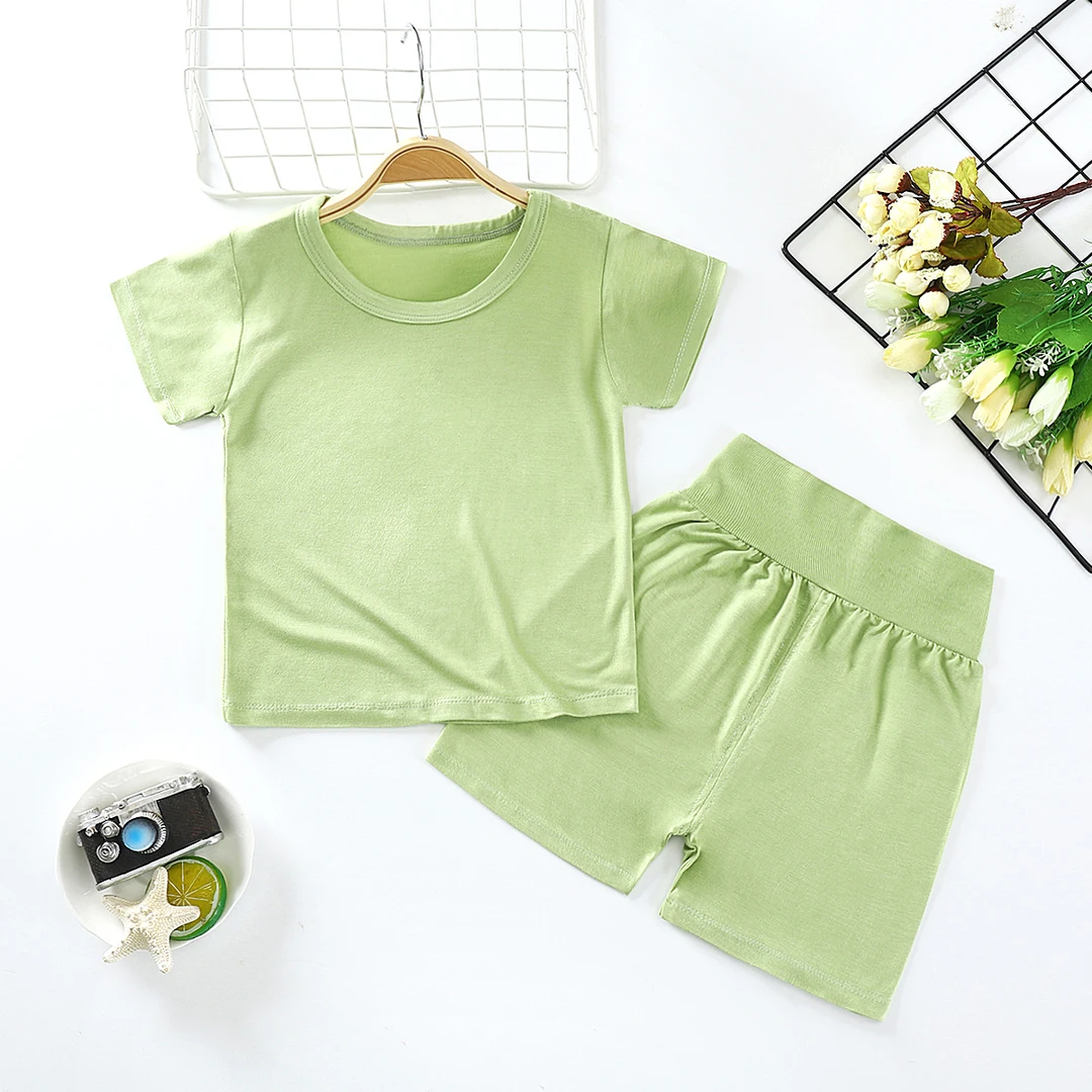 儿童莫代尔短袖套装男女童夏季薄款睡衣家居服宝宝高腰护肚空调服