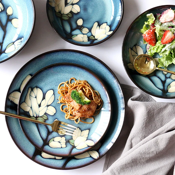 西西里陶瓷餐具家用圆盘釉下彩平盘深盘盘子鱼盘汤碗组新中式套装