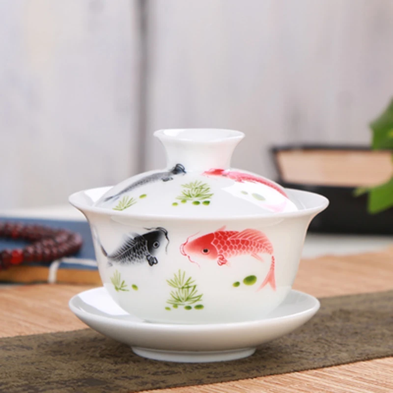 双鱼盖碗三才碗白底鲤鱼图案陶瓷茶具功夫茶道零配件乌龙茶茶碗