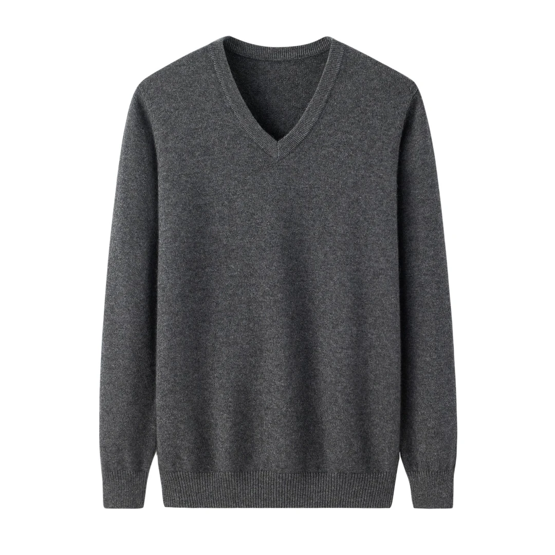 加厚V领男士羊绒衫100山羊绒打底时尚休闲保暖商务纯色宽松套头