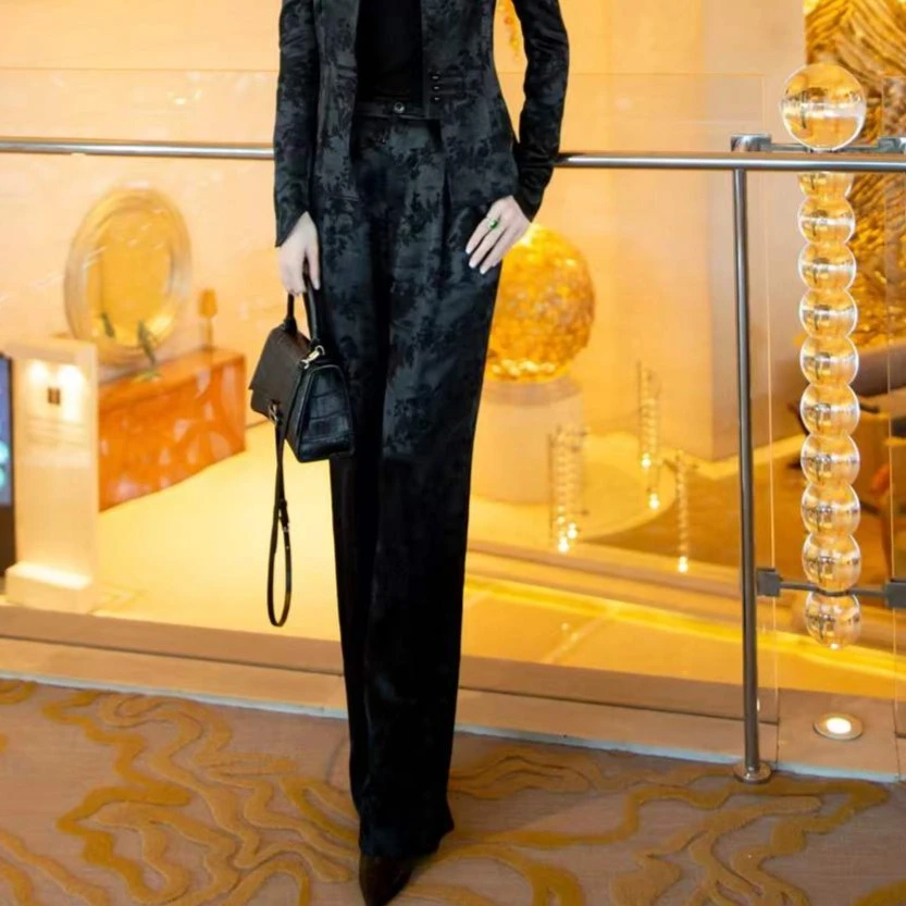 EDFNOT/杨红霞汝意YQ中式提花气质显瘦阔腿裤优雅时尚经典款