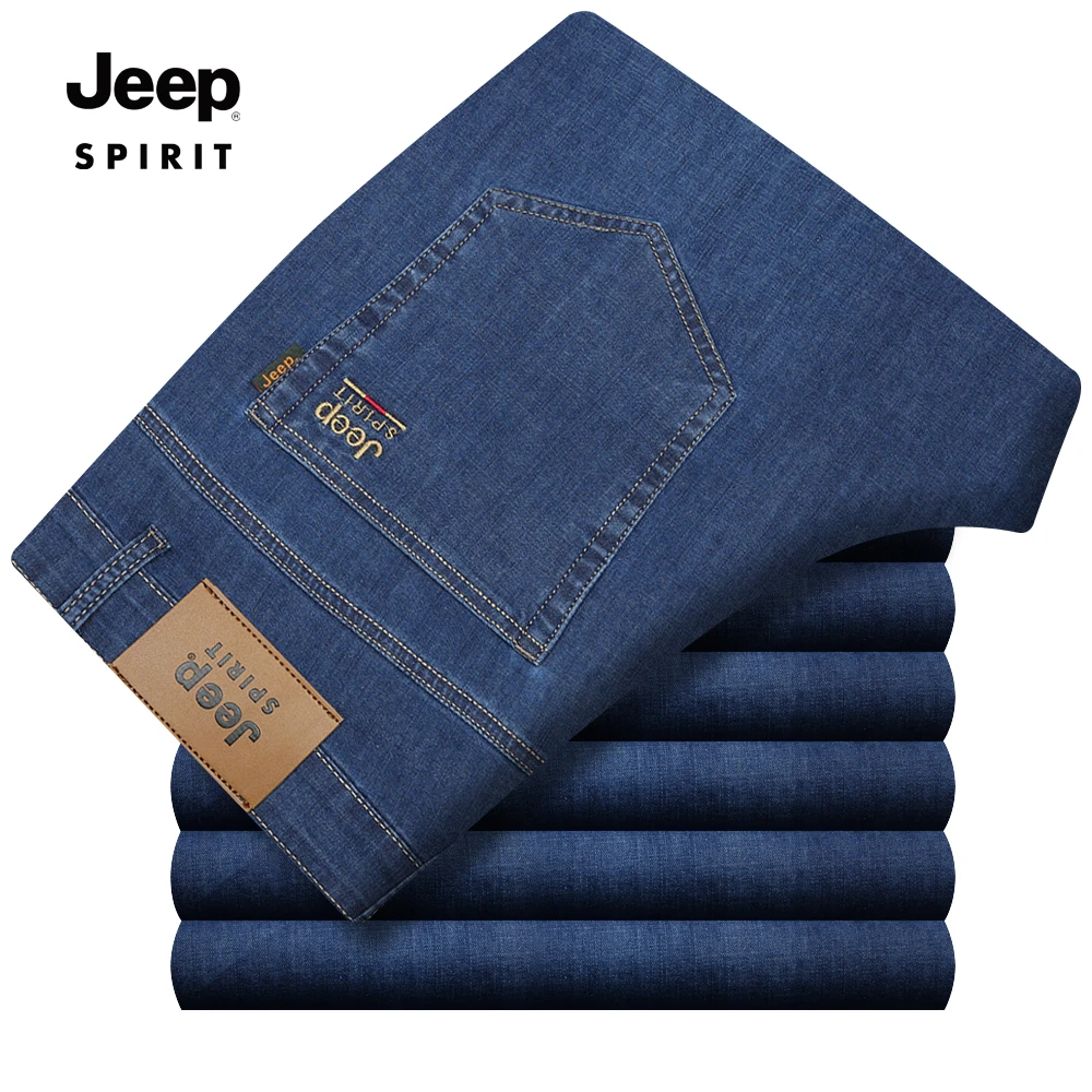 JEEPSPIRIT夏季薄款直筒宽松中年男士牛仔裤高腰弹力休闲牛仔长裤