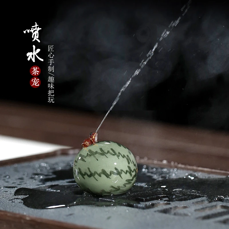 土焱传宜兴紫砂壶个性创意手工茶玩可养茶宠摆件 西瓜喷水青蛙
