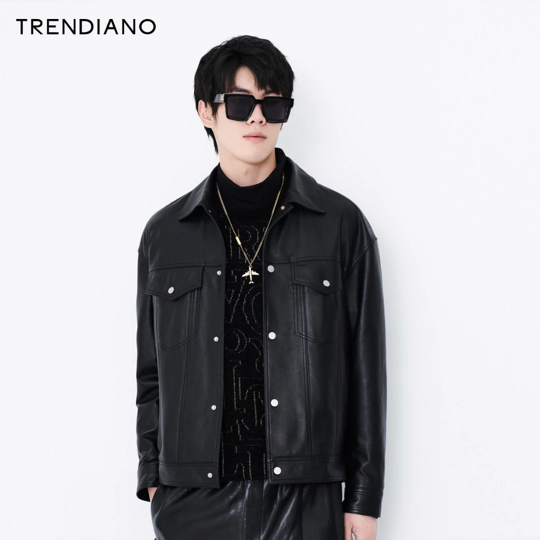 TRENDIANO秋冬机车皮衣短款夹克3NC431141P男士休闲时尚潮流百搭