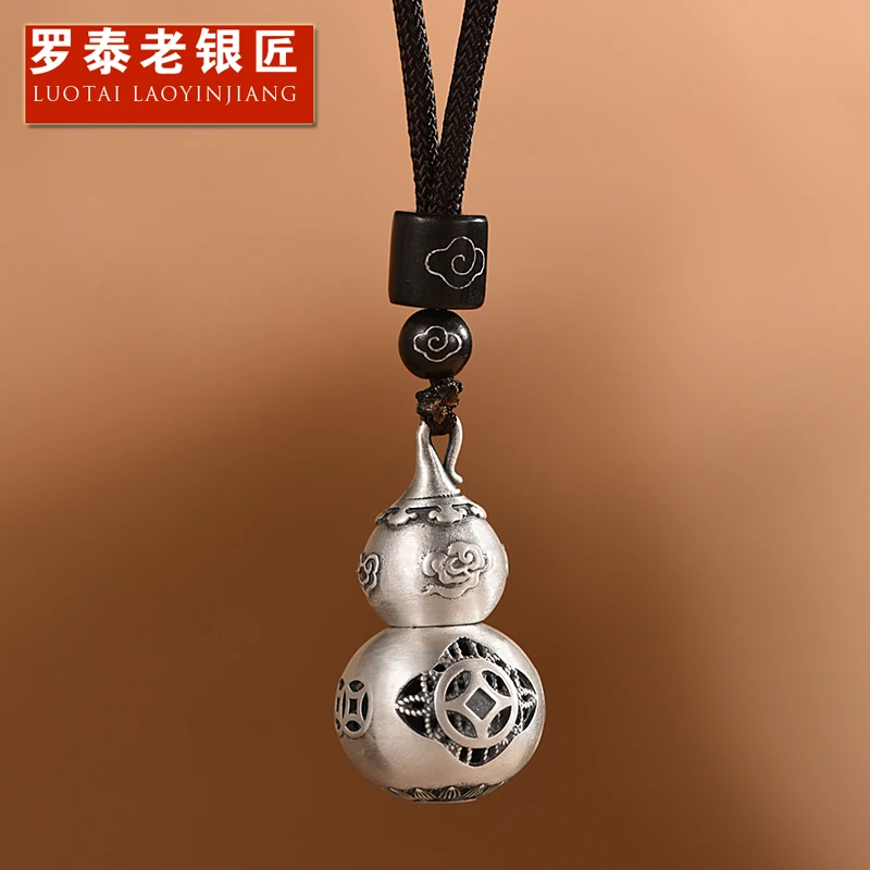 罗泰老银匠 吊坠足银 999纯银祥云葫芦吊坠男士款民族风项链挂件