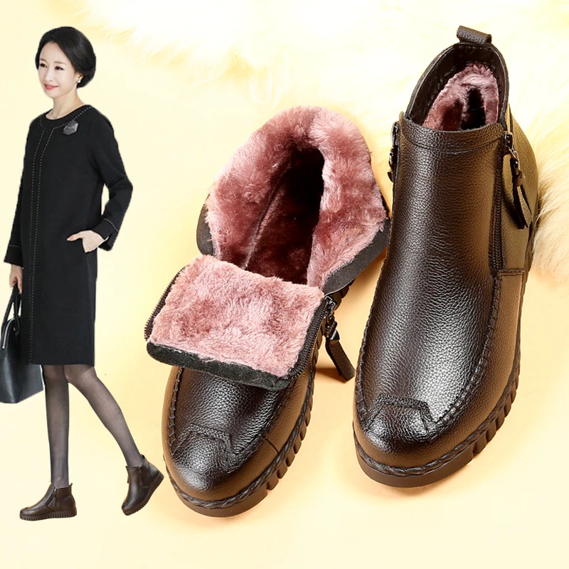 18-269真皮妈妈鞋棉鞋平底短靴女大头靴子加厚保暖雪地靴中年皮鞋