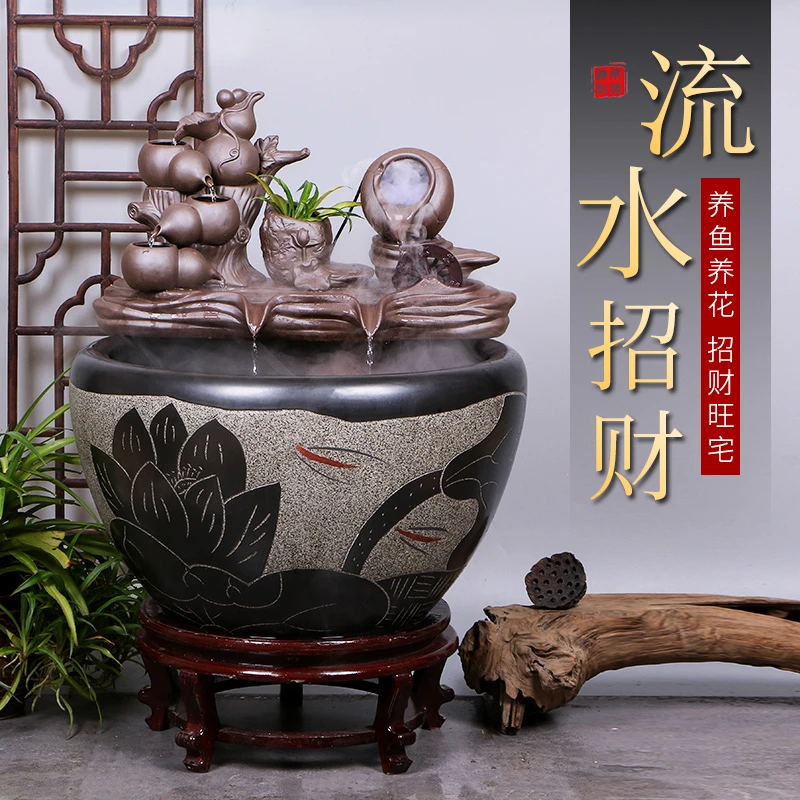 景德镇陶瓷金鱼缸阳台办公室客厅落地家用循环流水摆件庭院大鱼缸