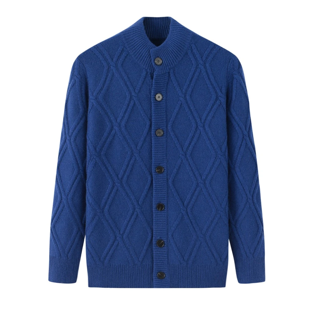 100纯山羊绒衫手工编织重磅加厚外套男开衫韩版立领宽条纹针织衫