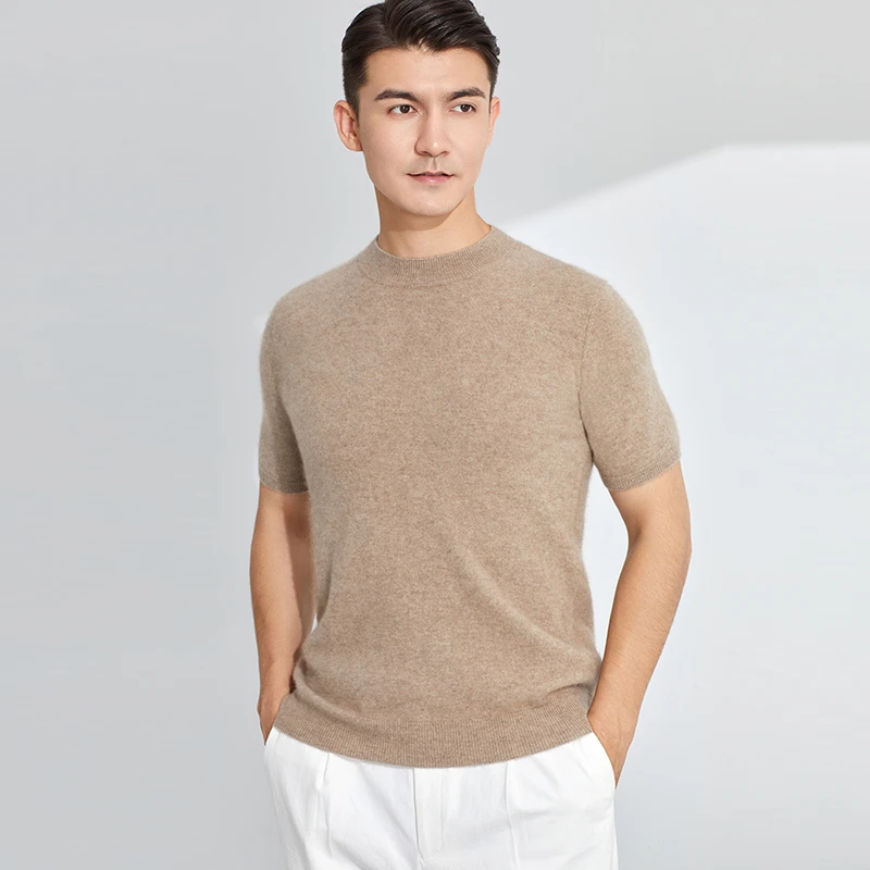 高端男士100纯山羊绒半高领短袖宽松打底衫针织羊绒衫时尚简约