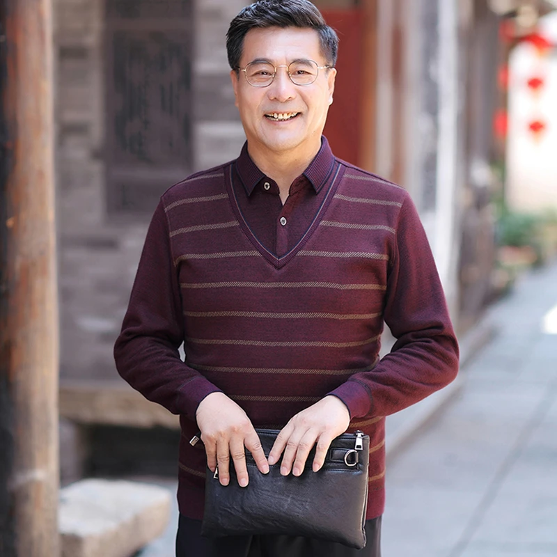 中老年男装冬季加绒加厚毛衣男爸爸装保暖针织打底衫爷爷装厚款