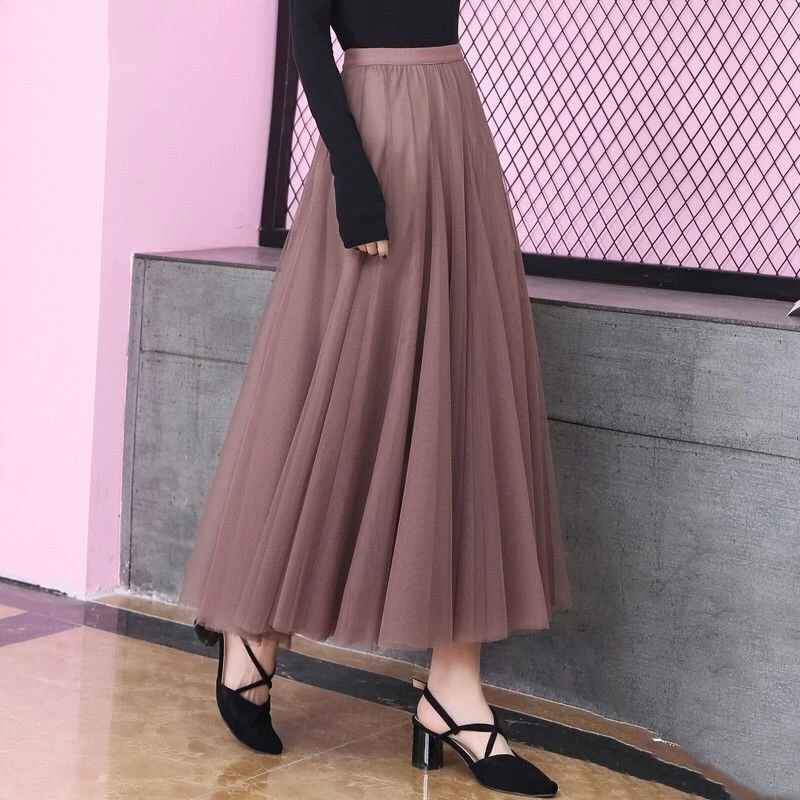 新款网纱半身裙高腰百褶长裙垂坠感长纱裙显瘦半身裙气质百搭春夏