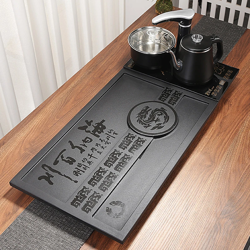天然整块乌金石茶盘带全自动烧水壶两用排水式石茶台家用桌面奢石