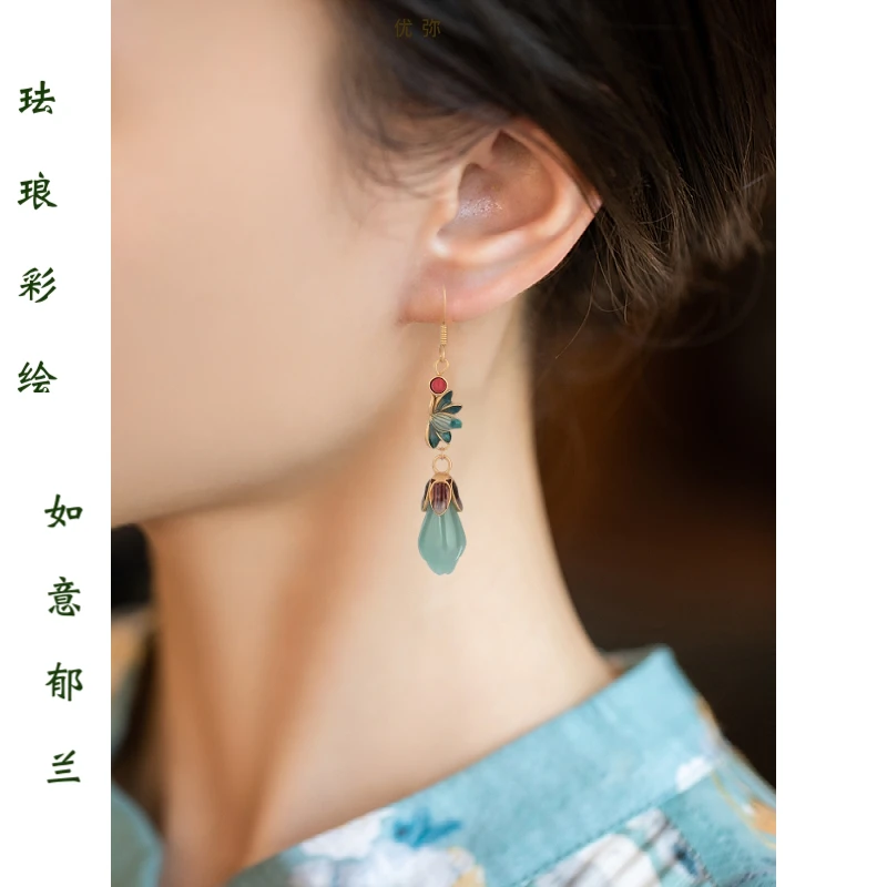 铜合金珐琅耳饰 高档古风耳环中国风珐琅彩玉兰花耳饰配旗袍古装