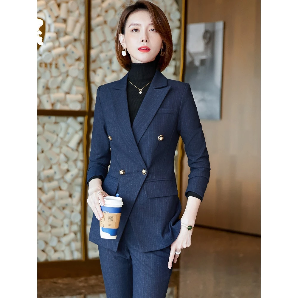 高端气质职业套装女条纹西装韩版英伦风白领时尚工作服西服两件套