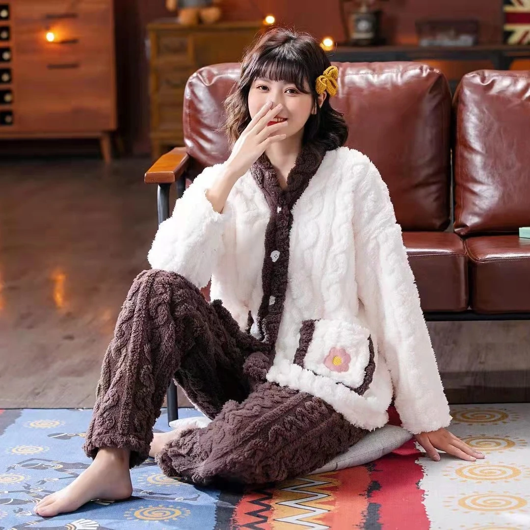 冬季V领加厚北极绒睡衣睡衣女士长袖保暖家居服套装可外穿