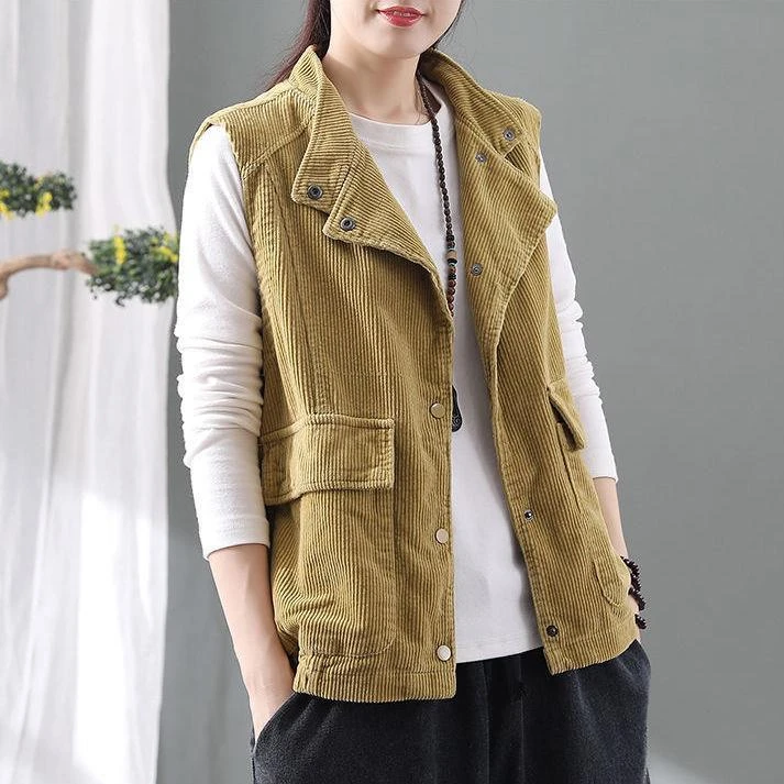 双层有里布灯芯绒开衫马甲女外套坎肩无袖背心翻领条绒上衣复古