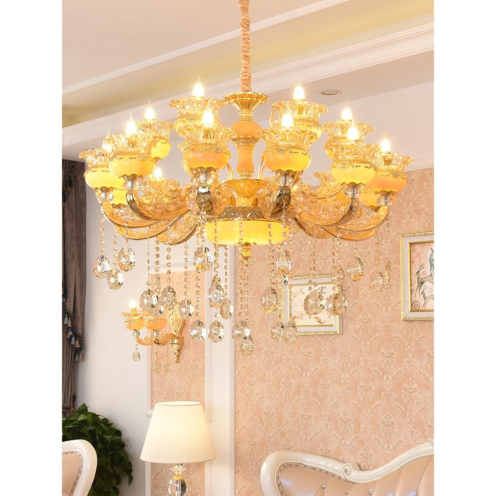 欧式客厅吊灯2022年新款奢华大气复式楼别墅餐厅天然玉石水晶灯具