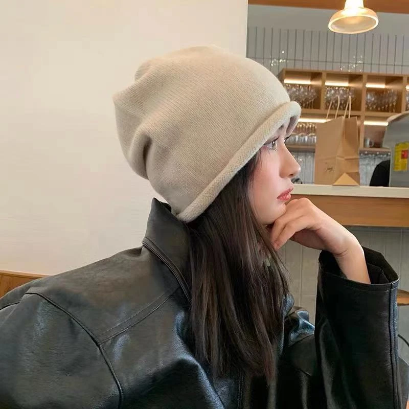日系秋冬纯色抽绳堆堆帽男女百搭针织帽子时尚街头保暖卷边毛线帽