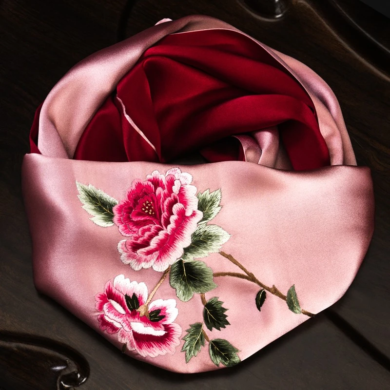 手工苏绣丝巾女桑蚕丝送礼绣花真丝围巾春夏秋季妈妈苏州丝绸披肩