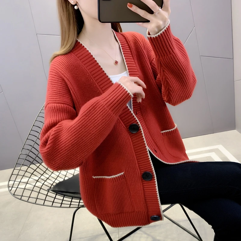 HUAJIEGUAI/花季E柜秋季新款口袋拼色针织开衫女宽松毛衣外套百搭