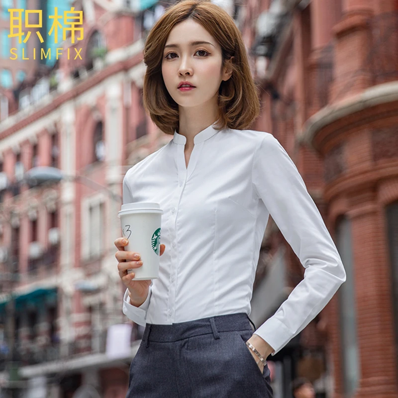 职棉V领白衬衫女长袖职业2023春秋气质时尚正装工作服工装衬衣
