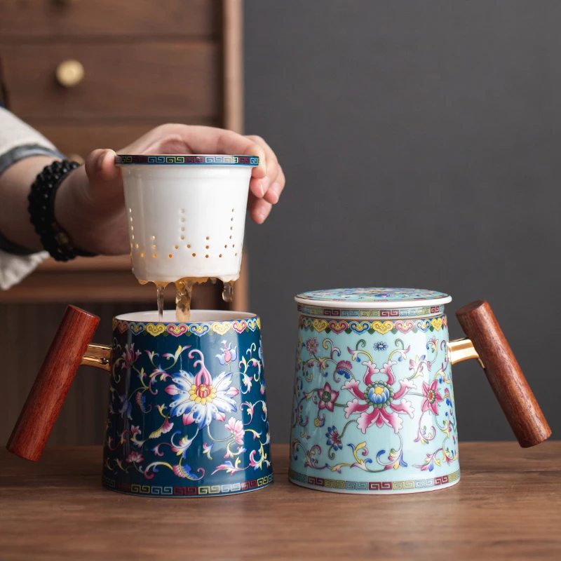 成艺柒彩珐琅彩木柄马克杯茶水分离杯400ml陶瓷过滤大容量办公杯