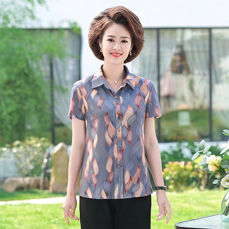 妈妈夏装短袖翻领衬衣妇女开衫上衣新款中老年女装宽松半袖薄衬衫