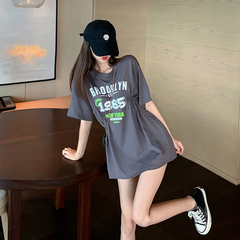 港风灰色短袖t恤女收腰半袖2025年新款女夏韩版宽松中长款体恤ins