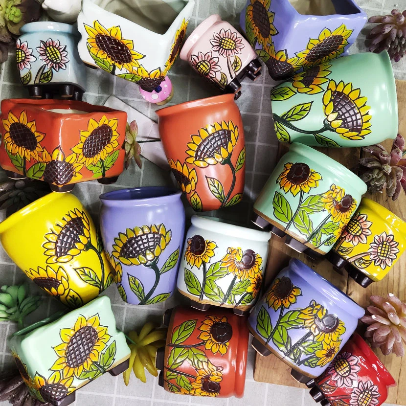 向日葵多肉植物花盆韩式手绘粗陶方形花盆创意四叶草屁屁悬崖桩盆