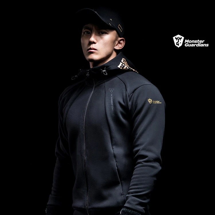 Monster Guardians 黑金潮流运动外套男春秋休闲连帽健身跑步套装