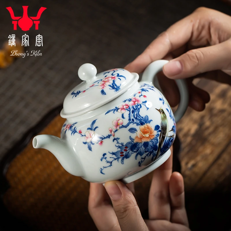 钟家窑陶瓷茶壶景德镇纯手绘青花斗彩花开富贵花鸟泡茶壶