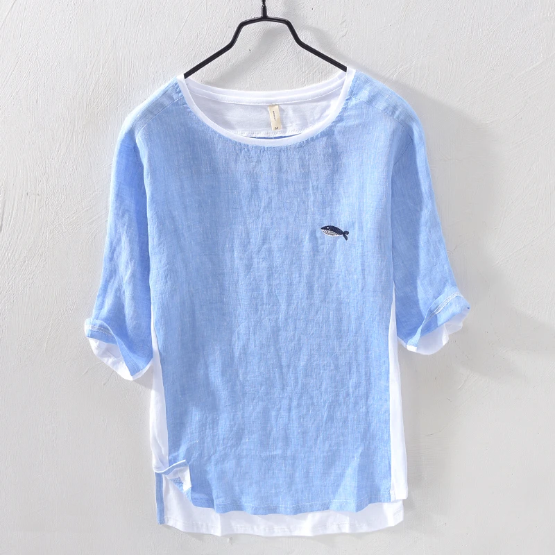 乔沐南风夏季刺绣T恤男亚麻料短袖潮流五分中袖半袖棉麻男装上衣