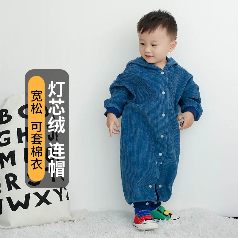 恬禾乐宝宝连体罩衣灯芯绒冬季全身防脏爬爬服户外婴童外出爬行服
