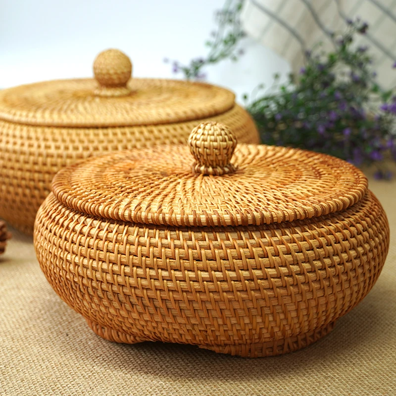 藤编带盖收纳盒子馒头筐水果盘面包篮茶点创意果篮手工制品