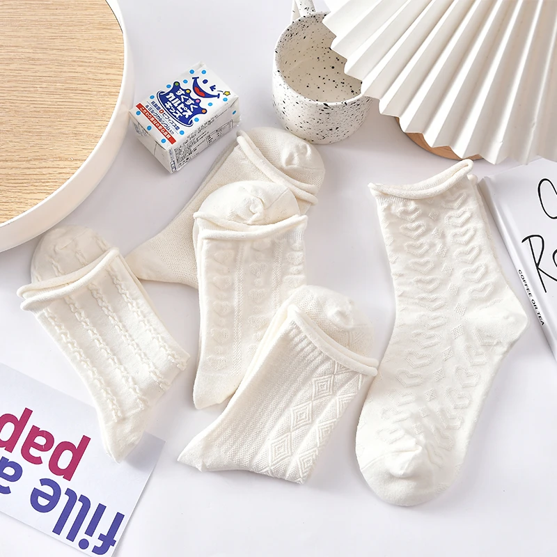 【白色学院风5双】女士四季款纯白色可爱花边棉袜简约ins风中筒袜