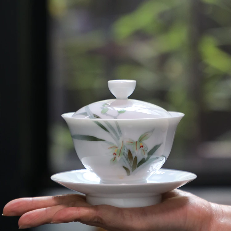 官润窑手绘盖碗陶瓷茶碗泡茶盖杯薄胎功夫茶具白玉瓷云沐三才盖碗