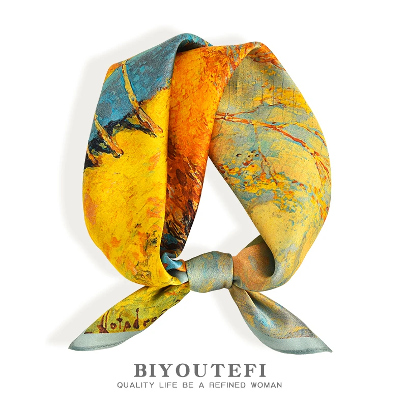 油画真丝丝巾女春秋真丝长条小方巾薄款绑发桑蚕丝发带妈妈围巾