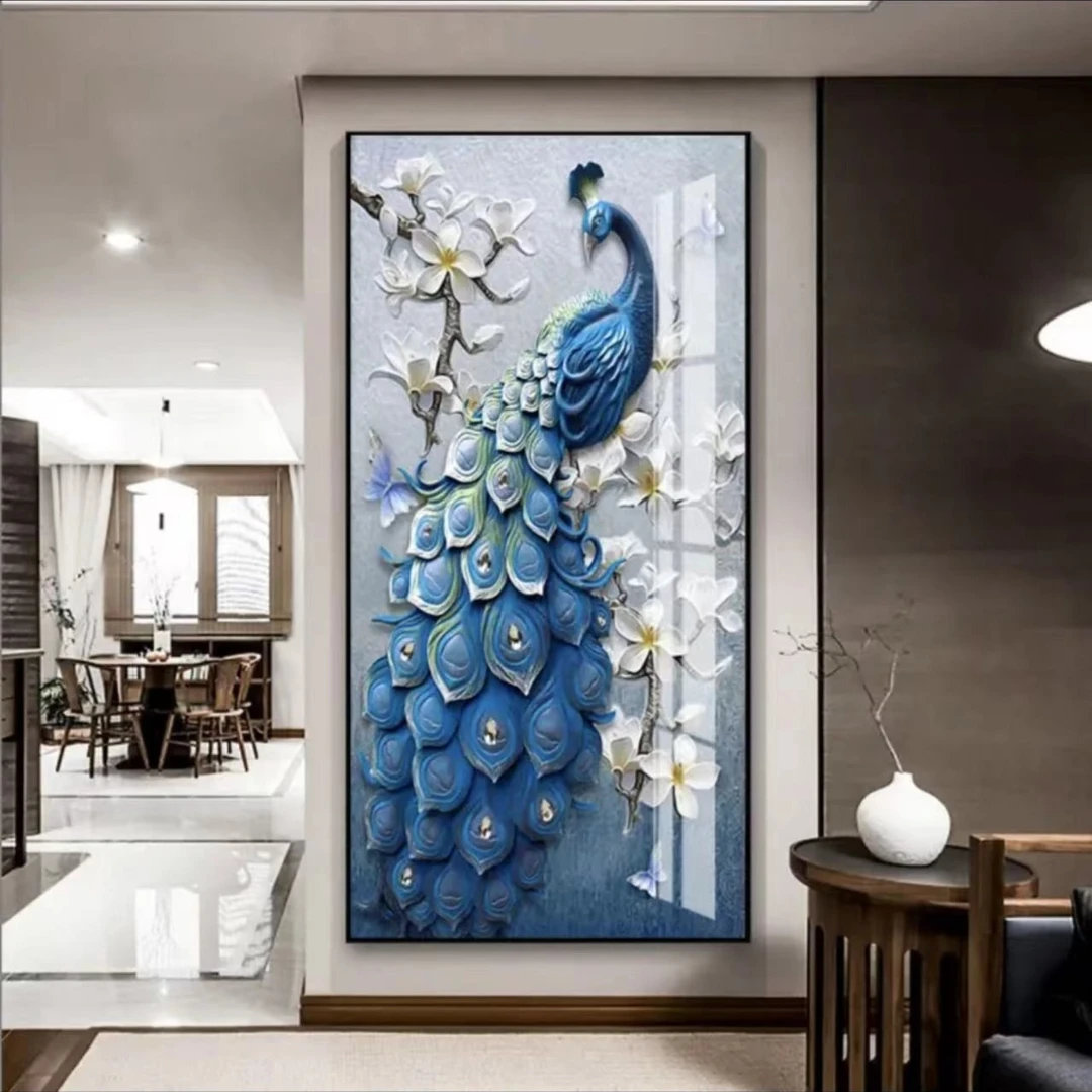 玄关画【富贵孔雀B款】晶瓷镶钻真晶瓷装饰画