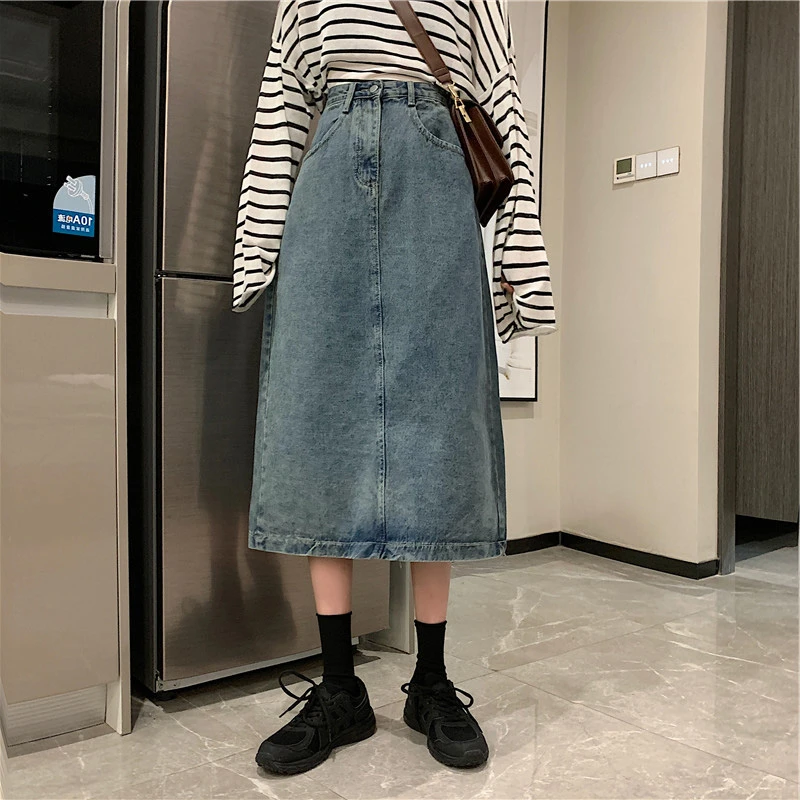 蓝色半身裙新款大码女秋冬胖mm中长款显瘦高腰a字牛仔裙半身裙