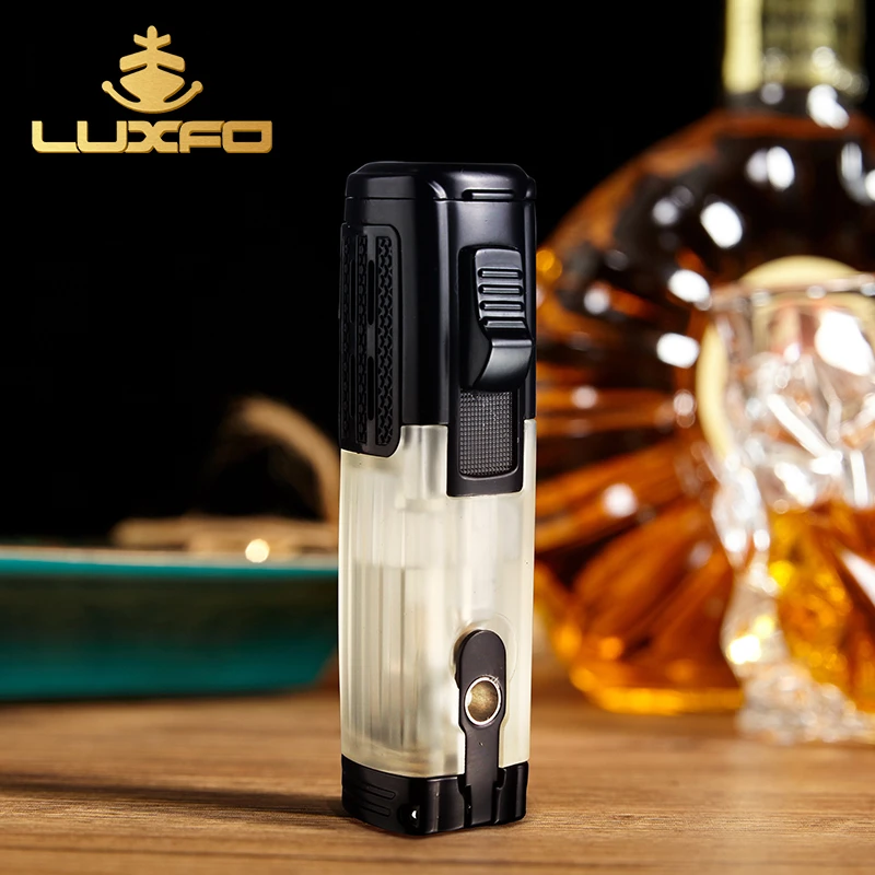 LUXFO多功能雪茄打火机透明机身便携三直冲防风充气火机带打孔器