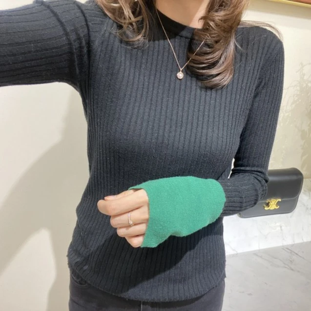 【温澜服饰】30610拼绿袖羊毛毛衣圆领撞色修身弹力坑条针织打底