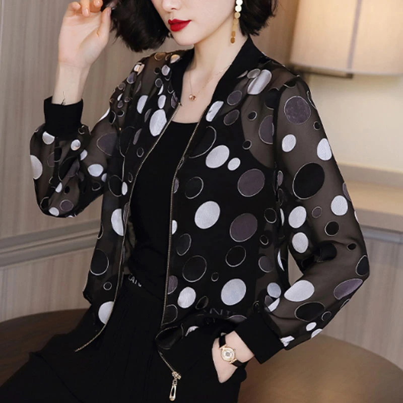 洋气长袖防晒服棒球外套女2024夏季新款波点休闲夹克宽松防晒衣女