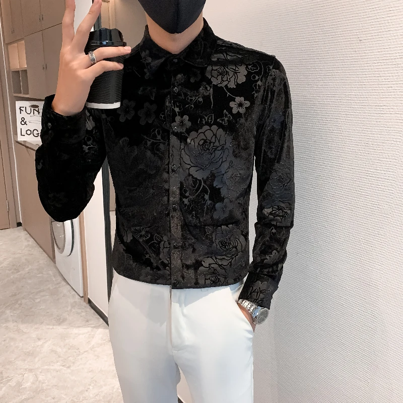 2025设计春夏款垂感韩国绒刺绣提花痞帅高级感碎花衬衫男士衬衣