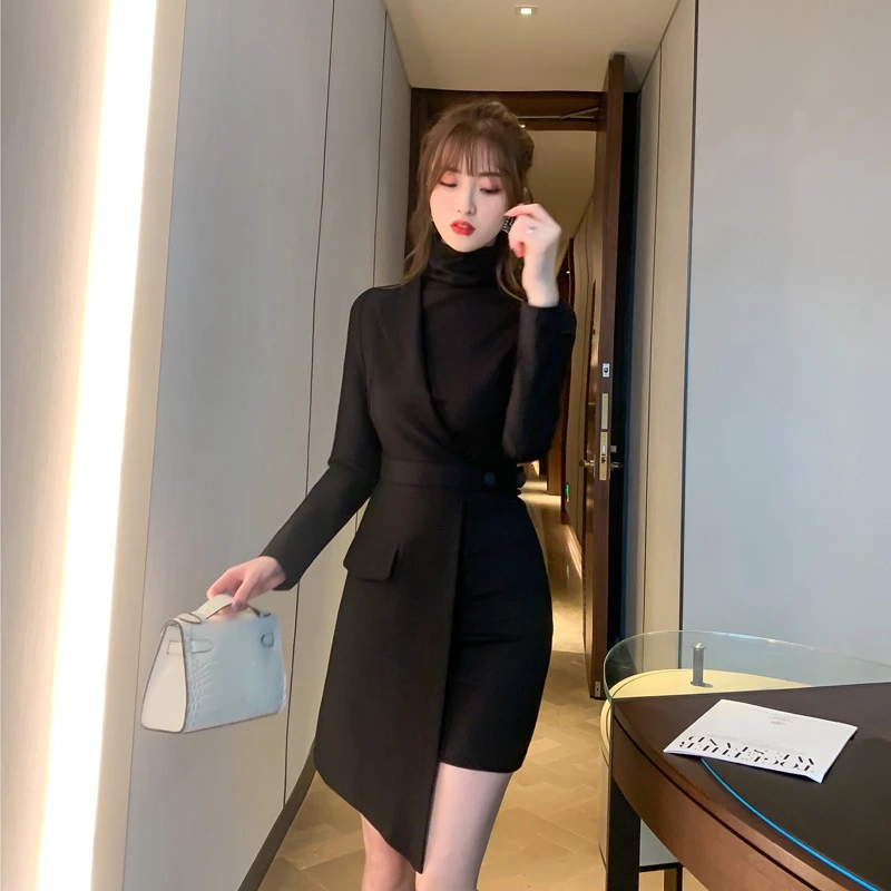 长袖秋冬女神范气质裙子洋气西装拼接假两件名媛西服连衣裙4422